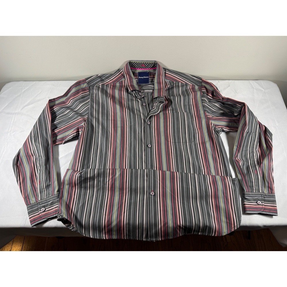 Tommy Bahama Mens Large Multi Color Striped Long Sleeve Button Down Cotton Shirt